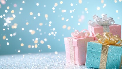 Fototapeta premium Pink and Blue pastel gift boxes, surrounded by sparkling silver and white bokeh lights