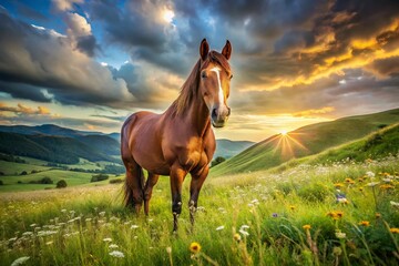 Obraz premium Majestic Brown Horse in Wild Meadow Landscape Photography
