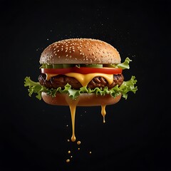 Floating hamburger with meat, cheese, tomatoes, lettuce, and splash of sauce isolated on dark background.