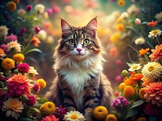 Majestic Cat King Amidst Blooming Flowers - Vintage Portrait