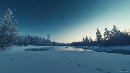 Fototapeta premium A serene winter landscape with a river, snow-covered ground, and a starry sky at dusk.
