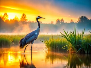 Majestic Crane in Serene Landscape - Dawn at Wetlands