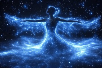 Naklejka premium A graceful female dancer in a flowing gown made of stars, surrounded by a cosmic background, creating a magical and ethereal atmosphere.