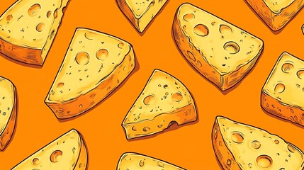 Seamless pattern of cheese wedges on orange background.