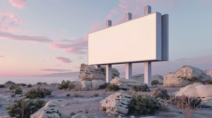 A large billboard is on a rocky beach with a beautiful sunset in the background