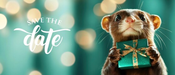 Adorable Ferret Holding Gift Box, Save The Date Holiday Card