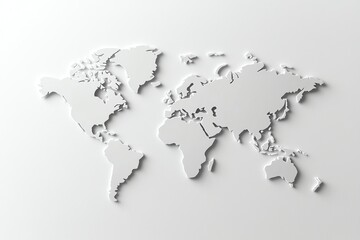 A minimalist, three-dimensional world map in white, highlighting continents without colors or labels on a light background.