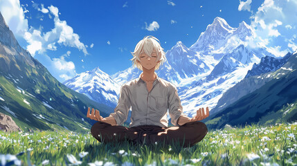 A blond anime style guy meditates in the mountains.