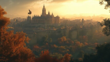 Majestic autumnal city at sunrise.