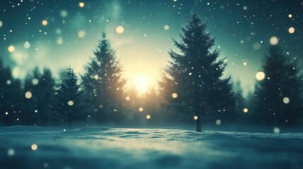 A serene winter landscape with snow-covered trees and a glowing sun in the background.