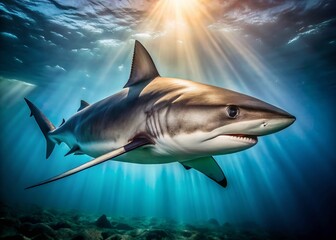Fototapeta premium Majestic Grey Shark Underwater Portrait: Powerful Ocean Predator Close-Up