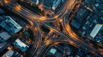 Aerial View of a Complex Urban Expressway Network at Night