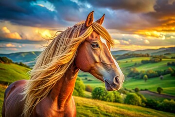 Obraz premium Majestic Horse Close-Up: Panoramic Countryside Art