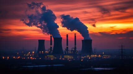 Industrial Sunset with Power Plant Silhouettes