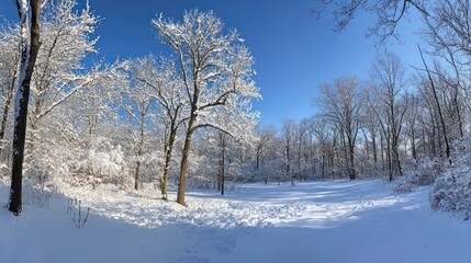 Fototapeta premium A serene winter landscape with snow-covered trees under a clear blue sky.