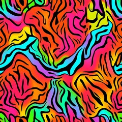 Fototapeta premium Abstract Tiger Stripes: A mesmerizing blend of vivid colors and bold lines creates a vibrant and dynamic pattern, reminiscent of a tiger's stripes. This seamless design is perfect for fashion.