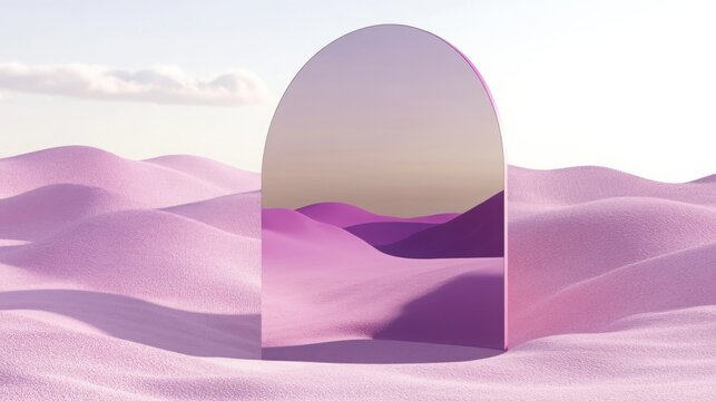 A whimsical mirror stands in a light pink and violet desert landscape, reflecting soft mountains under a dreamy sky during twilight