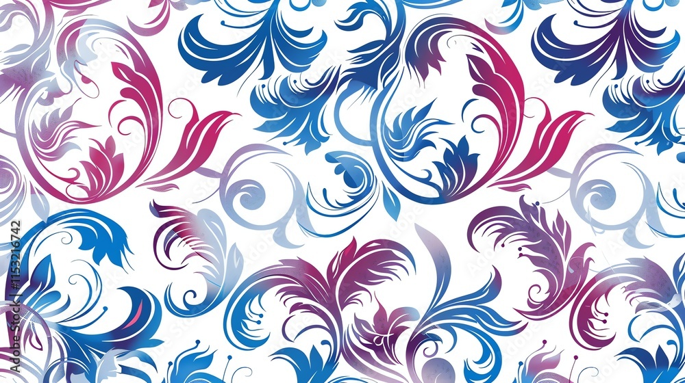 Wall mural A seamless pattern of blue and purple floral designs on a white background.