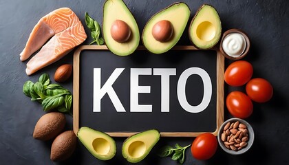 The word 'KETO' boldly displayed in the center, surrounded by an array of vibrant keto-friendly foods such as avocados, eggs, nuts, and fresh greens. 