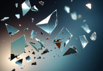 background of broken pieces of glass turned at different angles, flying in space, reflecting glare of light