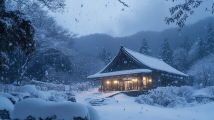 Fototapeta premium A serene winter scene featuring a traditional wooden house surrounded by snow-covered landscapes.