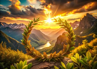 Majestic Mountain Landscape with a Laurel Wreath, Golden Hour Sunlight