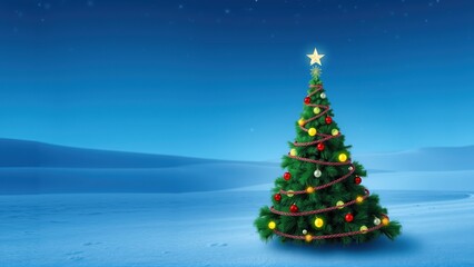 Obraz premium Celebrate the holiday season with a beautifully decorated Christmas tree in a serene snowy landscape