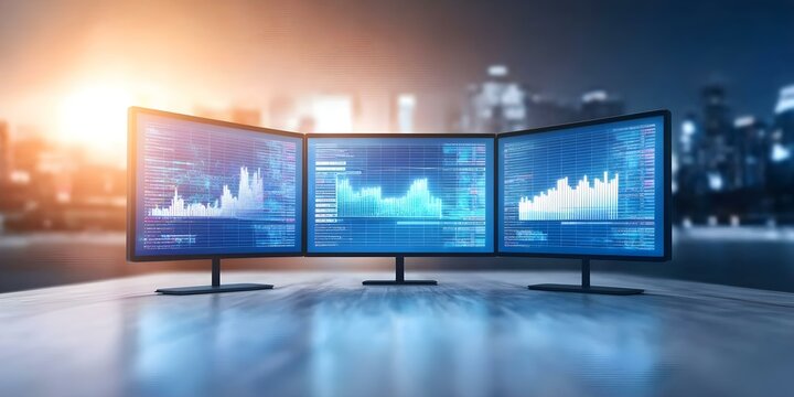 Three computer monitors displaying financial graphs and data against a city skyline at sunset. Concept Financial Analysis, City Skyline, Sunset Aesthetic, Multiscreen Setup, Data Visualization
