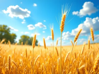 Obraz premium Golden Wheat Field Sunny Day Blue Sky Background