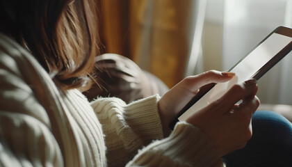 Fototapeta premium Access to documents. Woman using tablet, closeup. Scheme over device