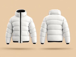 warm white puffer jacket mockup front and back view. men's dress mock-up template.
