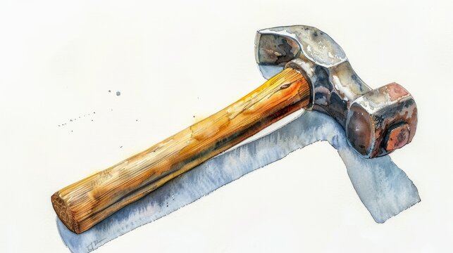 Watercolor, realistic painting of a hammer with a wooden handle