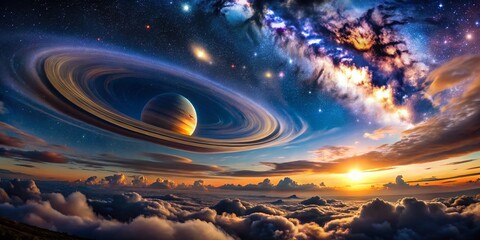 Majestic Night Sky: Starry Expanse, Nebulous Clouds, and Ringed Planet