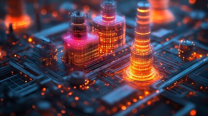 pink, green and blue light hologram of power station