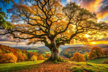 Fototapeta premium Majestic Panoramic View of Ancient English Oak Tree in Autumn