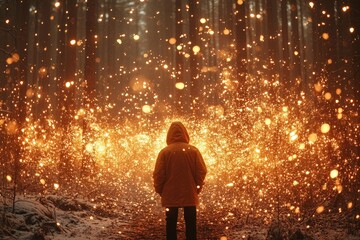 A young male of Asian descent stands in a magical winter forest, illuminated by sparkling lights that create a mesmerizing atmosphere.