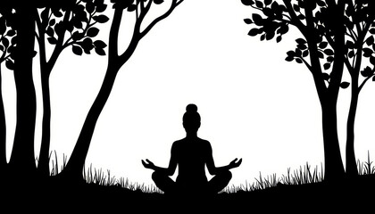 Meditation at dusk surrounded by nature's tranquility and serene silhouettes, invoking peace and mindfulness in the forest