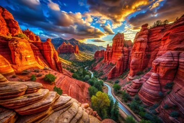Majestic Red Rock Canyon Landscape with Cliff Niches - Long Exposure Photography