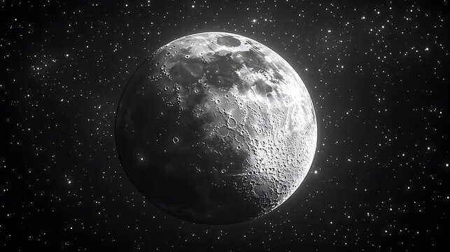 A grayscale image shows the moon amidst a starry night sky