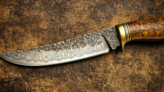 Handmade damascus steel knife with intricate patterns and a wooden handle displayed on a textured background