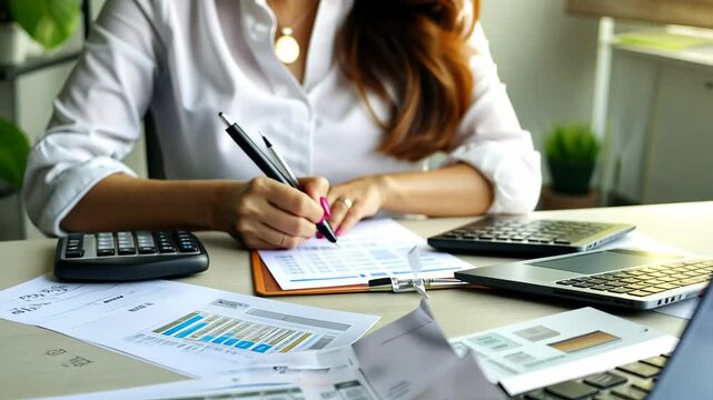 A Woman With Long Hair Reviews Financial Documents While Calculating Expenses at a Cluttered Workspace During the Day