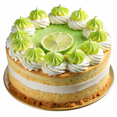 A delicious key lime cream cake, isolated on a transparent background, featuring a smooth, creamy texture and vibrant lime topping.