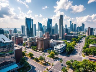 Aerial View of Modern City Downtown with Skyscrapers, Lush Trees, and Vibrant Streets Under Clear Blue Sky in Daytime