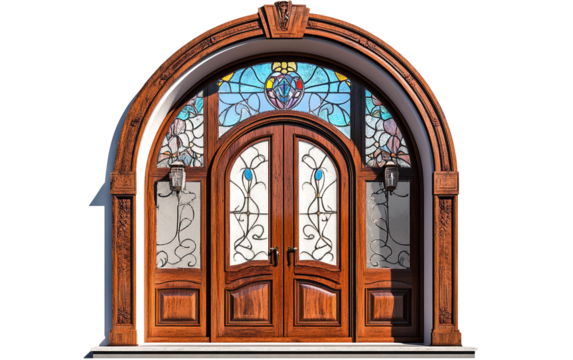 A charming double door with a curved archway isolated on white or transparent backgroundv