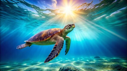 Majestic Sea Turtle Swimming in Crystal Clear Ocean Water - Wildlife Conservation Stock Photo