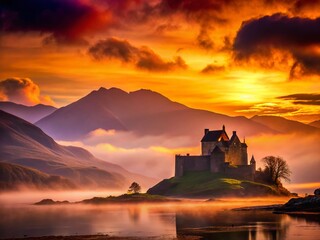 Obraz premium Majestic Silhouette of a Scottish Highland Castle at Sunset