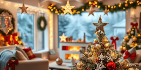 Fototapeta premium Cozy and Festive Living Room Decorated for Christmas with a Beautifully Adorned Tree and Sparkling Lights in a Winter Wonderland Atmosphere