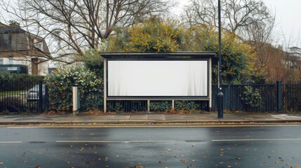 A white billboard sits in front of a fence and a bush