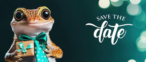Adorable Gecko Holding Gift Box, Save The Date Announcement