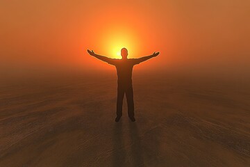 Fototapeta premium A silhouetted man stands with arms outstretched against a sunlit horizon, embodying a moment of liberation and peace.